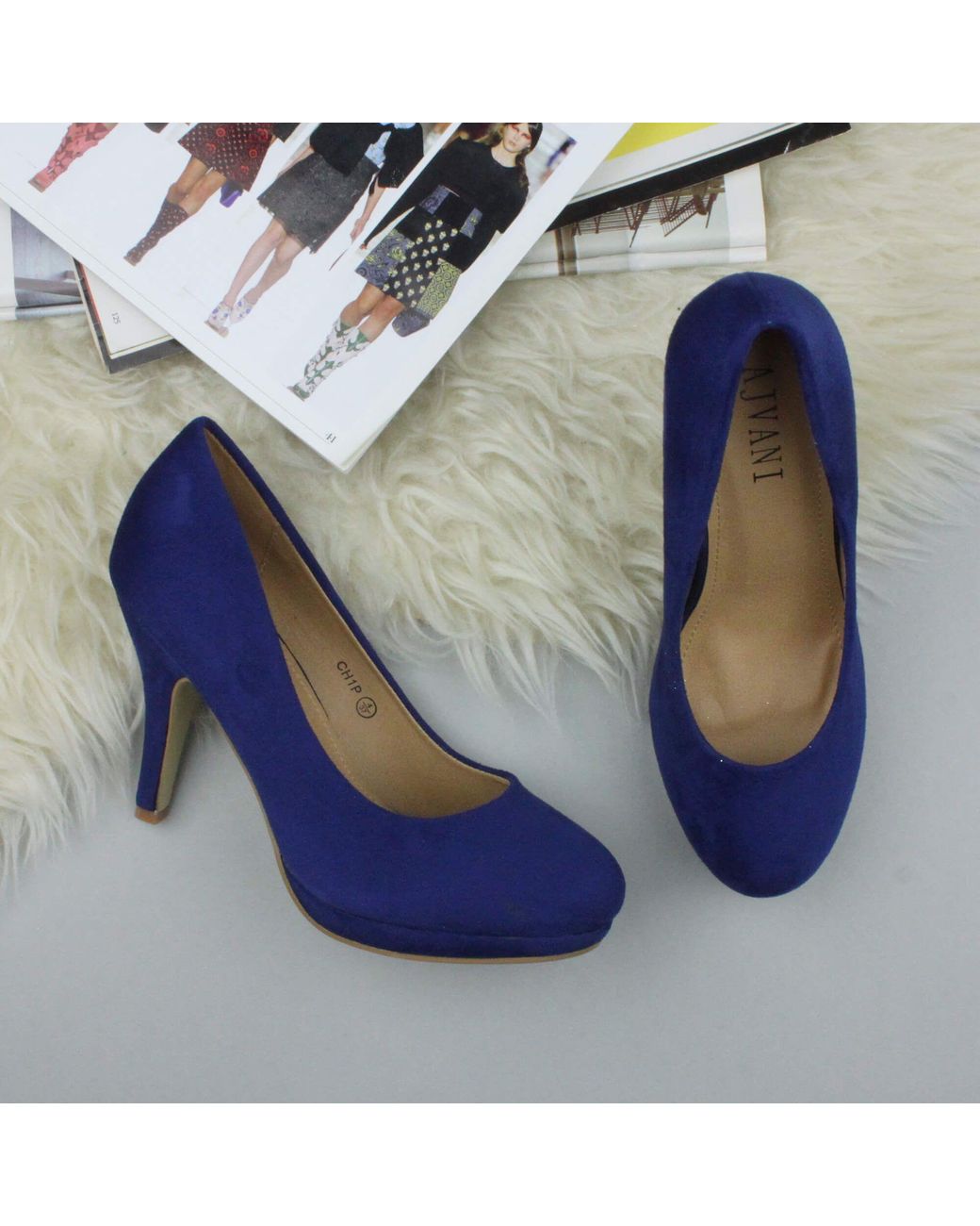 AJVANI Blue Mid High Heel Court Shoes