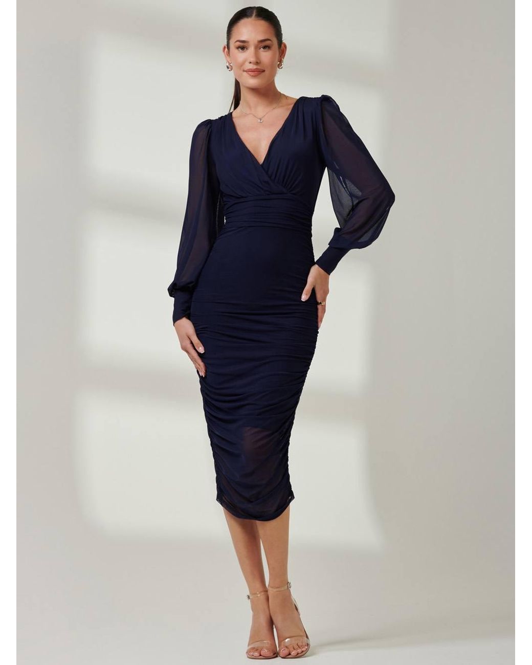 Jolie Moi Blue Long Sleeve Ruched Mesh Midi Dress