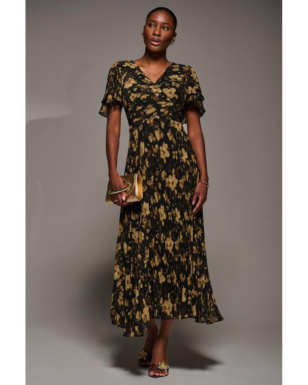 Jolie Moi Brown Chiffon Ruffle Sleeve Pleated Maxi Dress