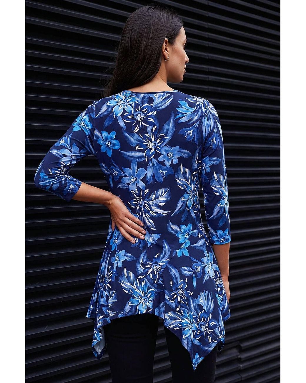 Roman Blue Floral Print Asymmetric Tunic Top