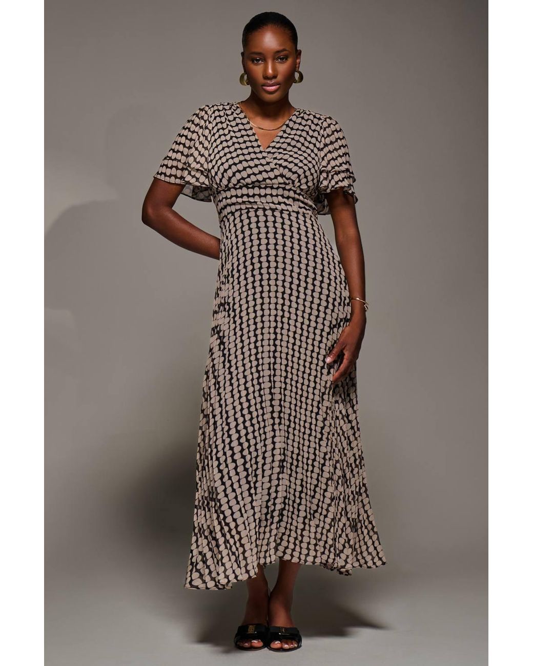 Jolie Moi Brown Chiffon Ruffle Sleeve Pleated Maxi Dress