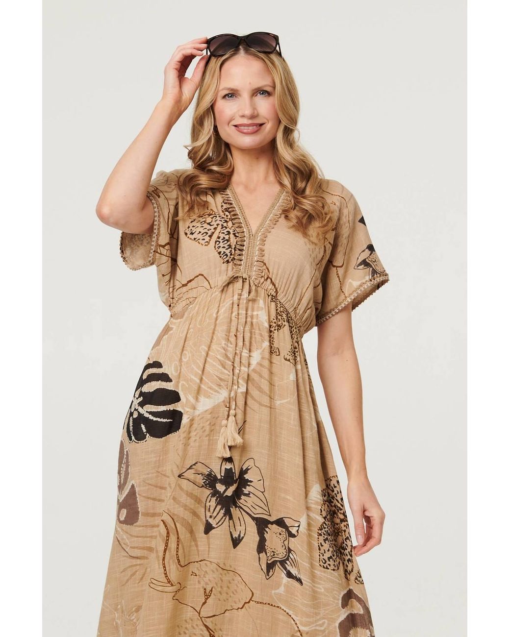 Izabel London Natural Printed Short Sleeve Empire Maxi Dress