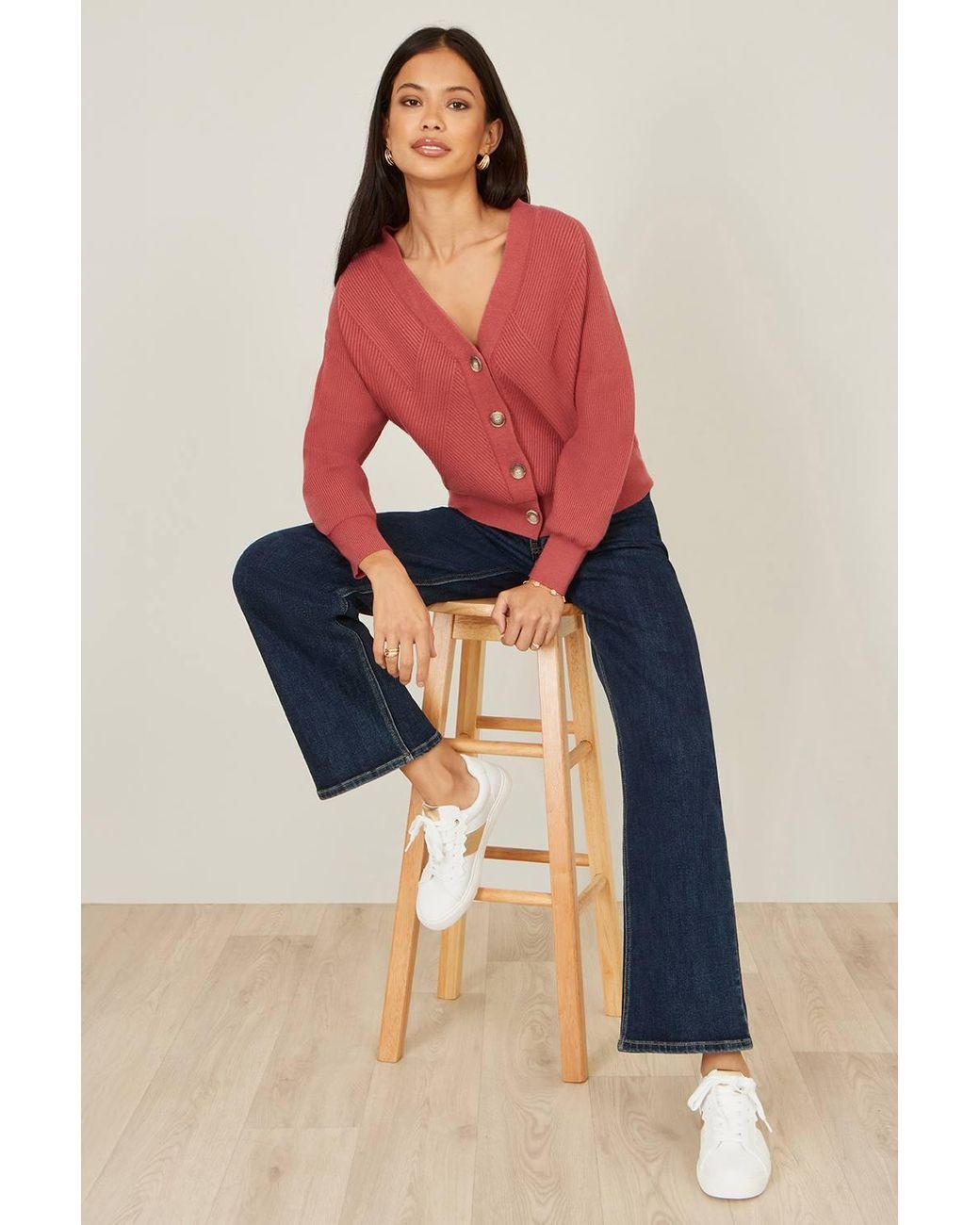 Yumi' Red Rose Relaxed Fit Cardigan With Stitch Detail