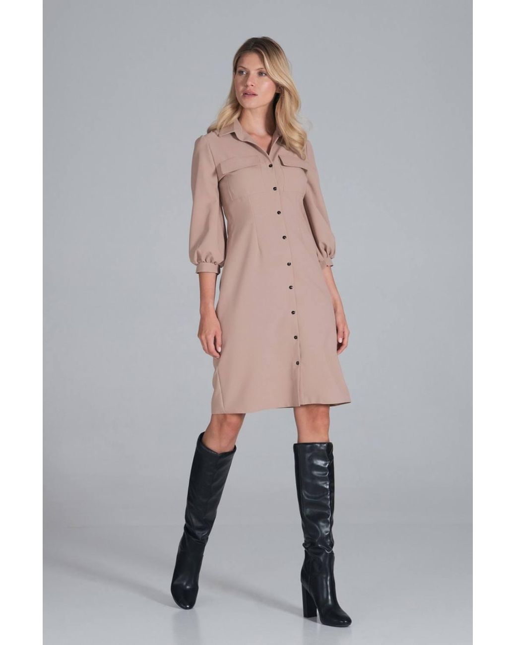 KDMD Gray Midi Collared Shirt Dress With Pocket Front