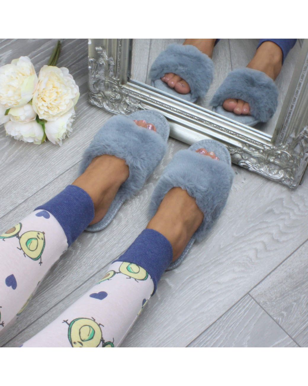 AJVANI Gray Flat Heel Fluffy Peep Toe Slippers