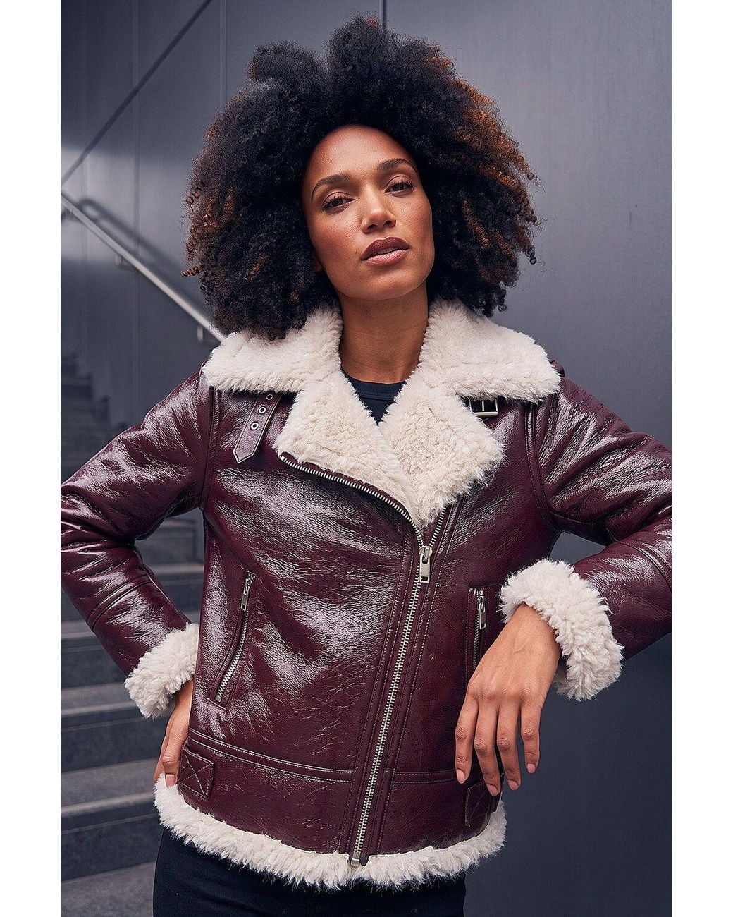Roman Purple Contrast Faux Leather Aviator Coat