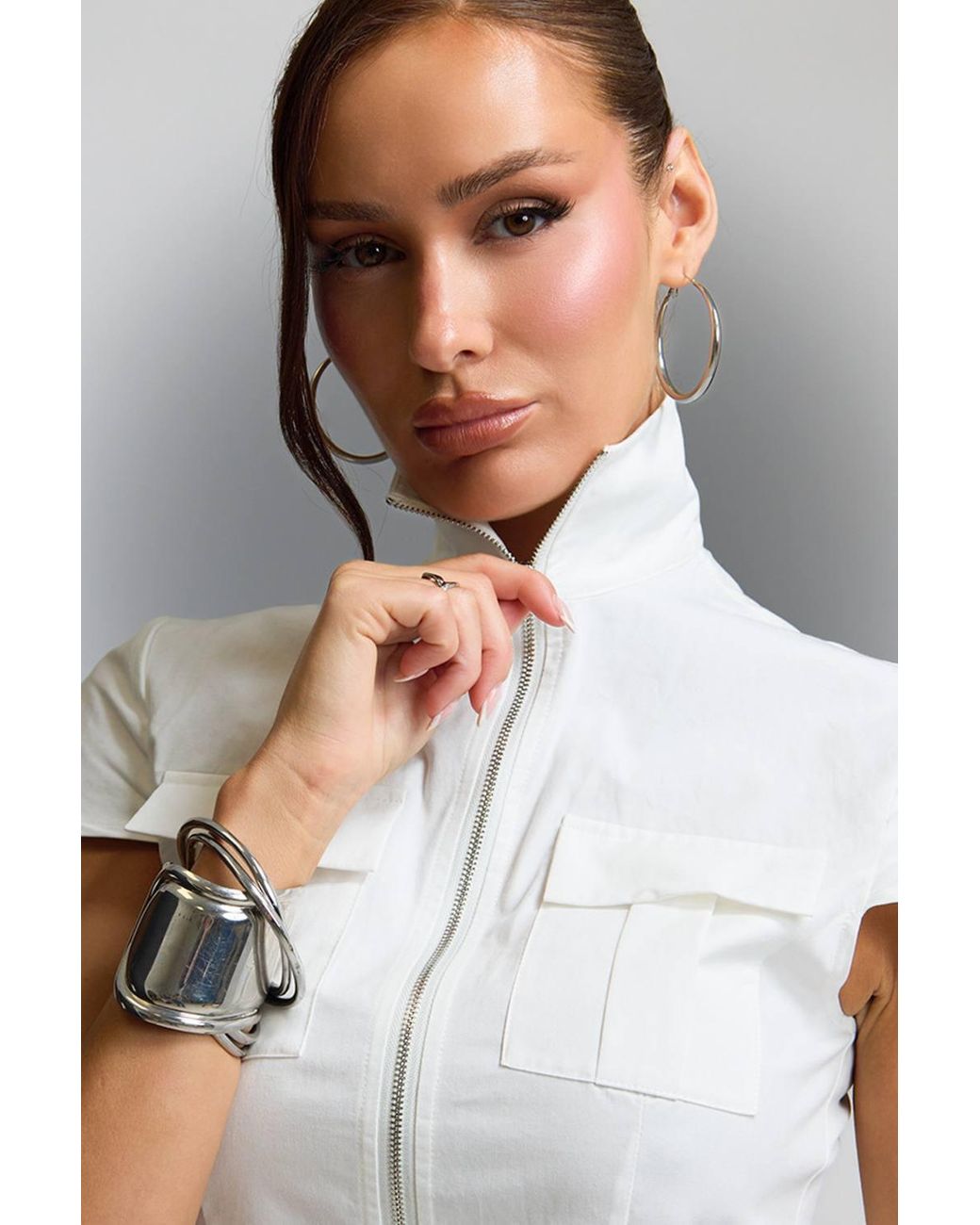 EGO Gray Cap Sleeve Zip High Neck Top