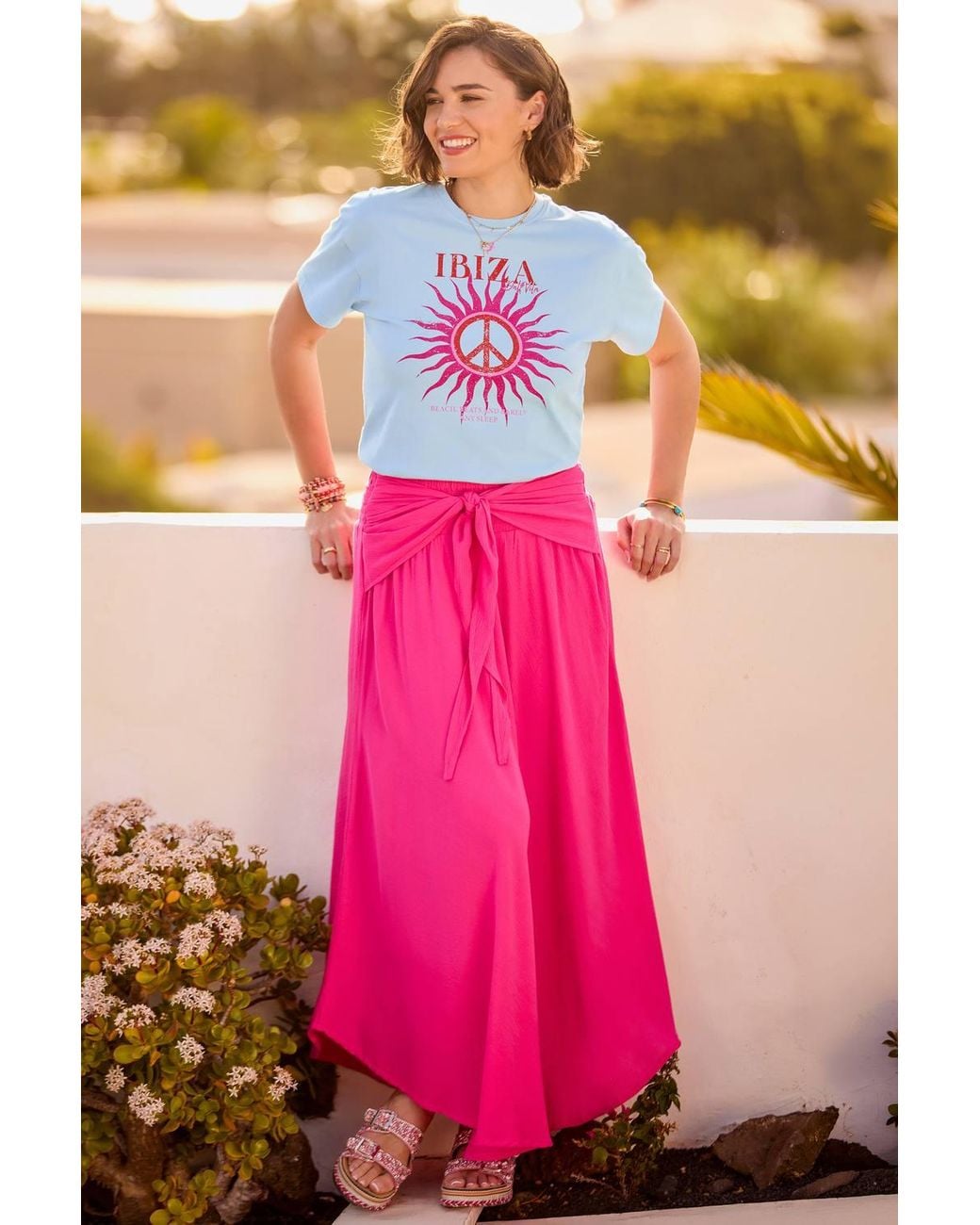 Joe Browns Pink Crinkle Maxi Skirt With Tie Front & Elasticated Waist