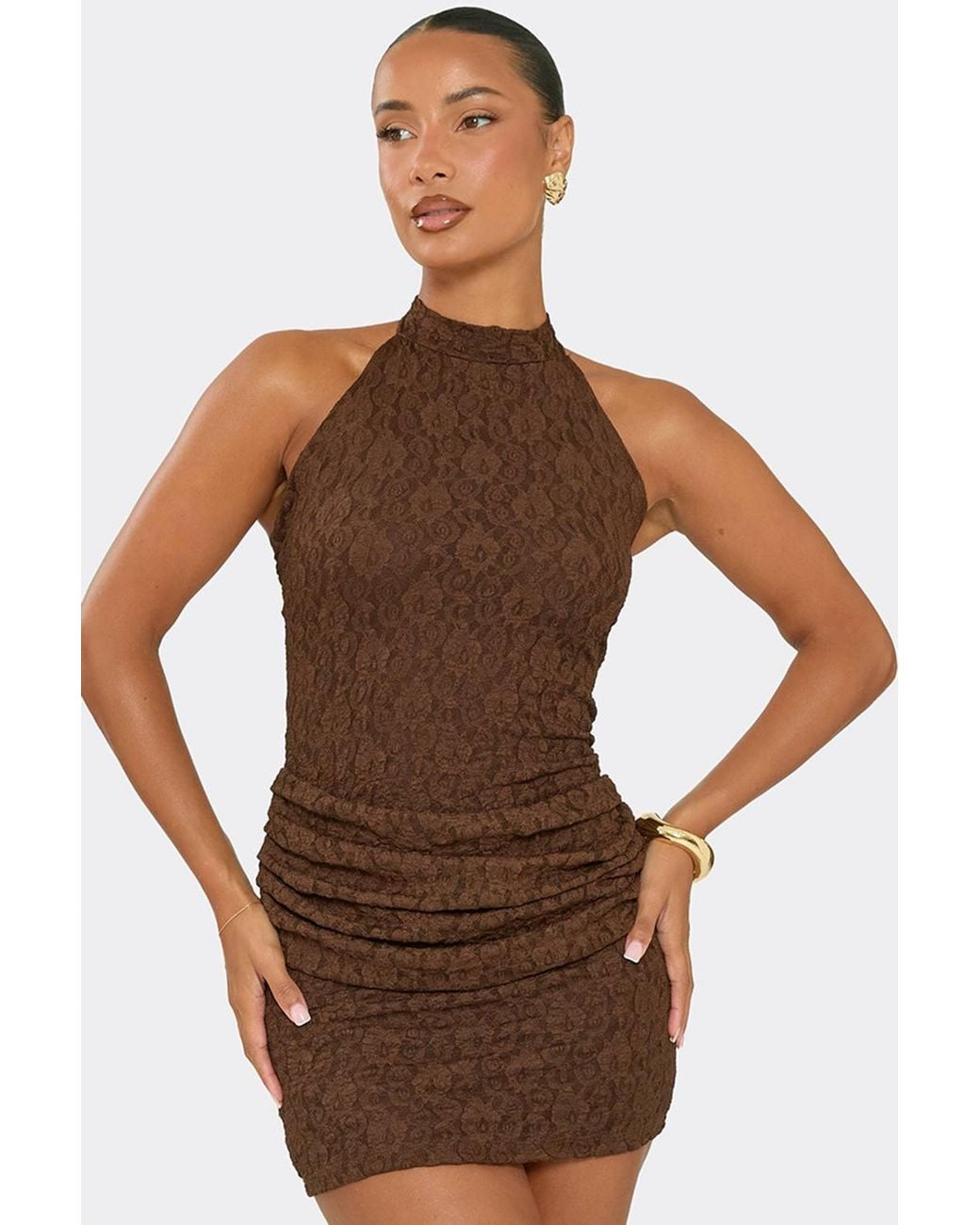 EGO Brown Sleeveless Drape Panel Lace Mini Dress