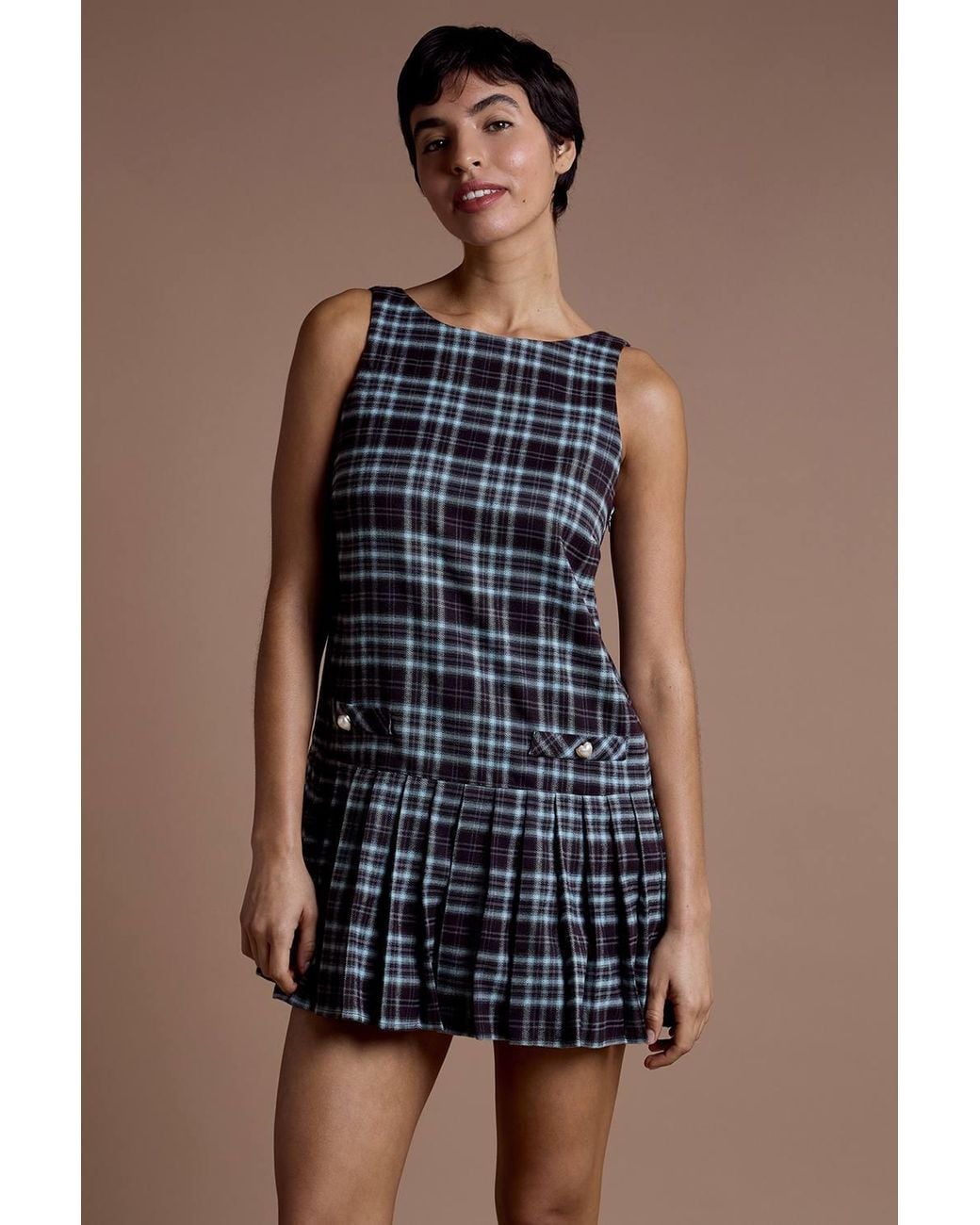 Neon Rose Blue Tartan Check Pleated Mini Pinafore Dress