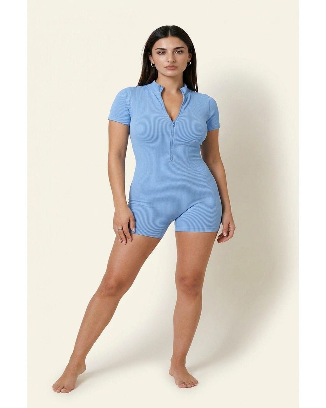 IKRUSH Blue Milena Rib Knit Zip Front Short Sleeve Playsuit