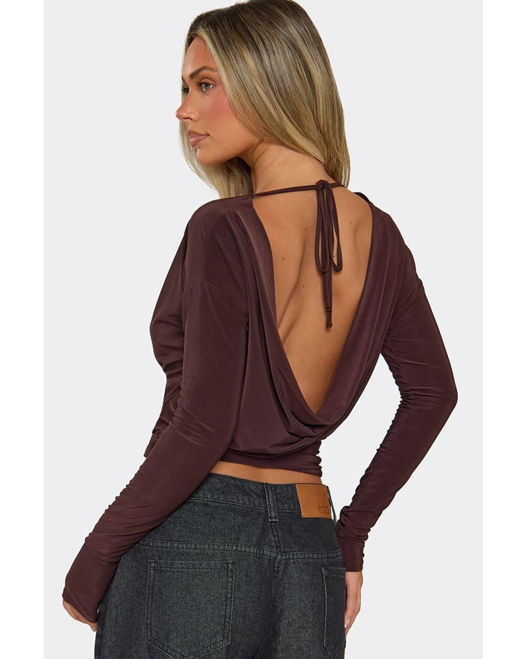 EGO Brown Long Sleeve Cowl Neck Tie Back Slinky Top