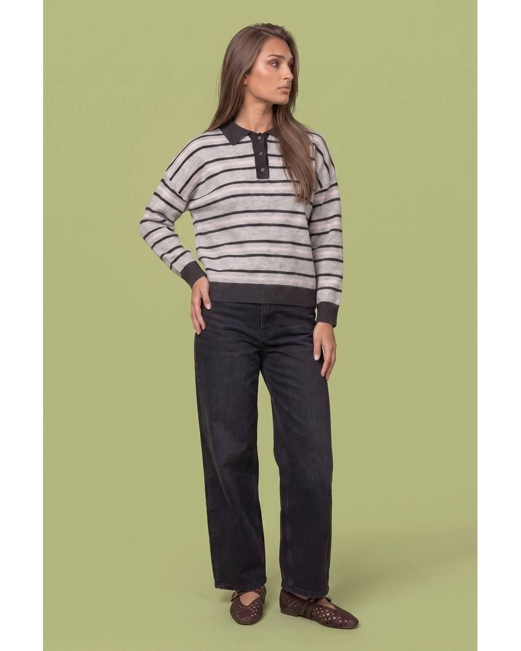 Urban Bliss Green Wool Blend Stripe Contrast Rugby Jumper