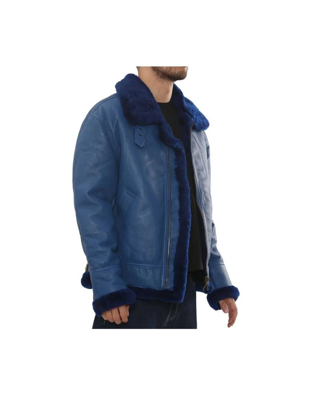 TruClothing Blue Shearling Leather Jacket Sheepskin B3 Aviator Warm Coat for men