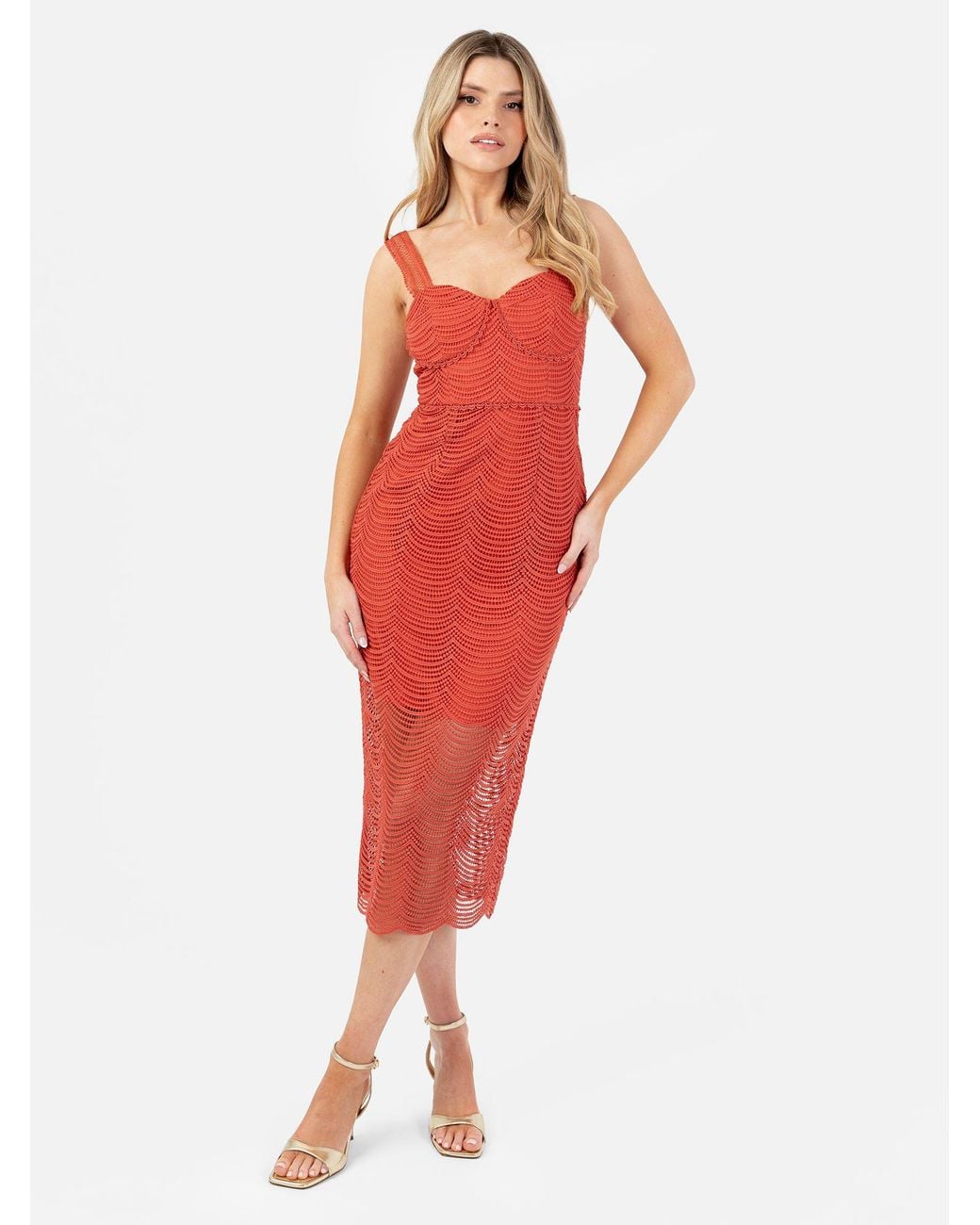 Maya Deluxe Red Strappy Lace Midi Dress
