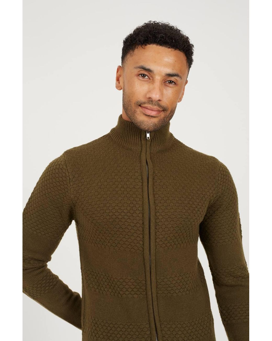 Brave Soul Green Zip Through Funnel Neck Knit Cardigan for men