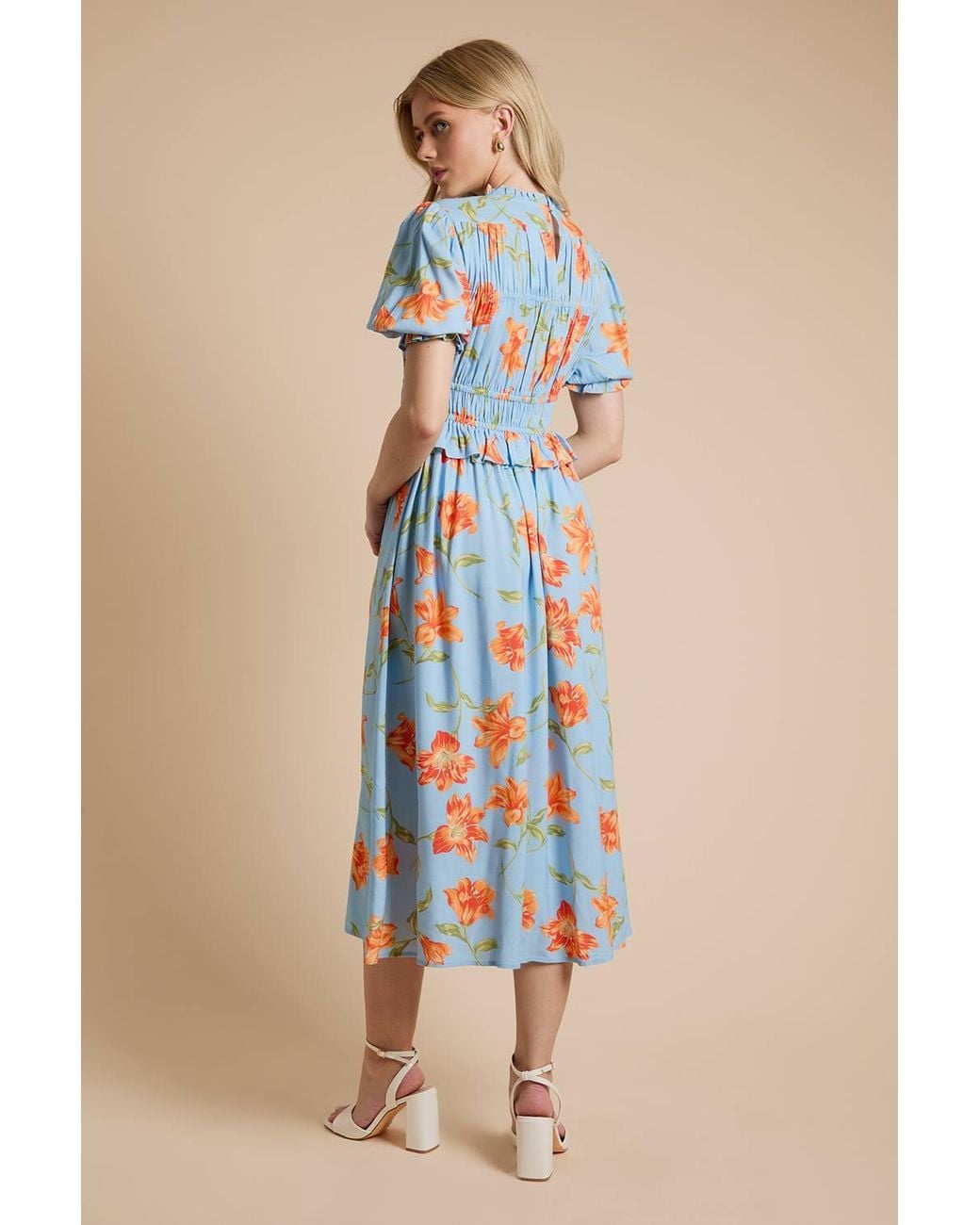 Dorothy Perkins Blue Shirred Bodice Frill Midi Dress