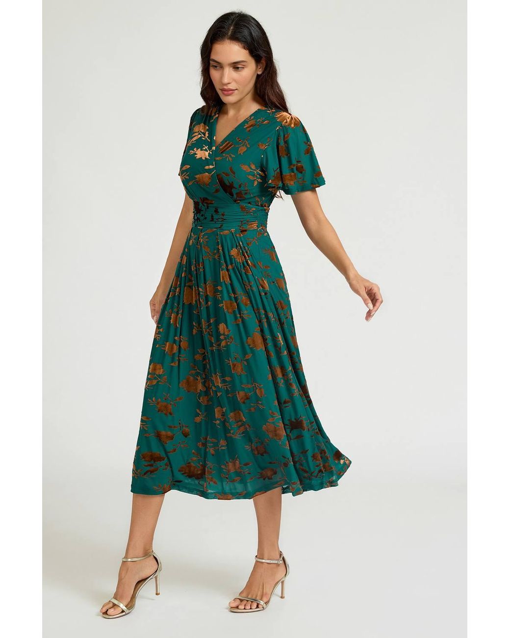 FS Collection Green Velvet Flock Short Sleeve Midi Dress
