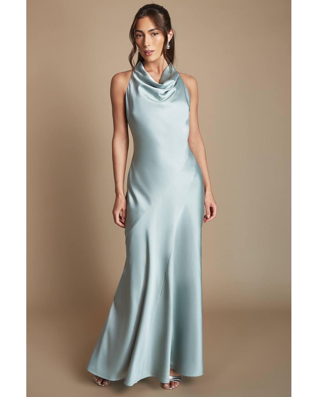 Oasis Green Cowl Halterneck Satin Maxi Bridesmaid Dress