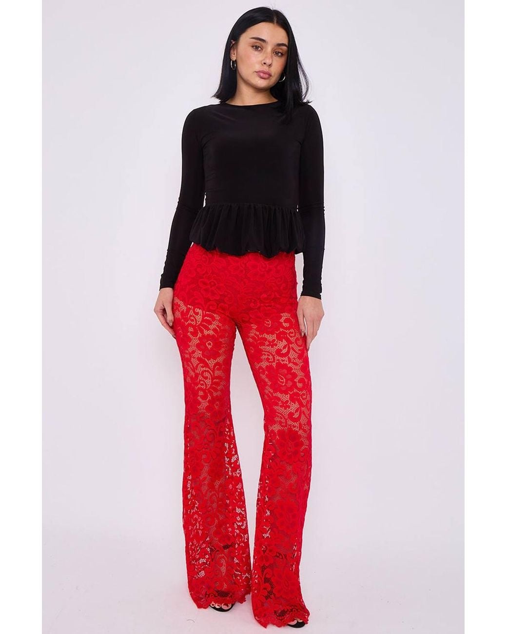 Stylewise Lace Detail High Waist Flared Trousers