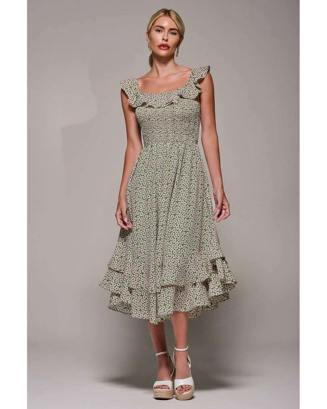 Jolie Moi Natural Shirred Ruffle Sleeve Tiered Midi Dress