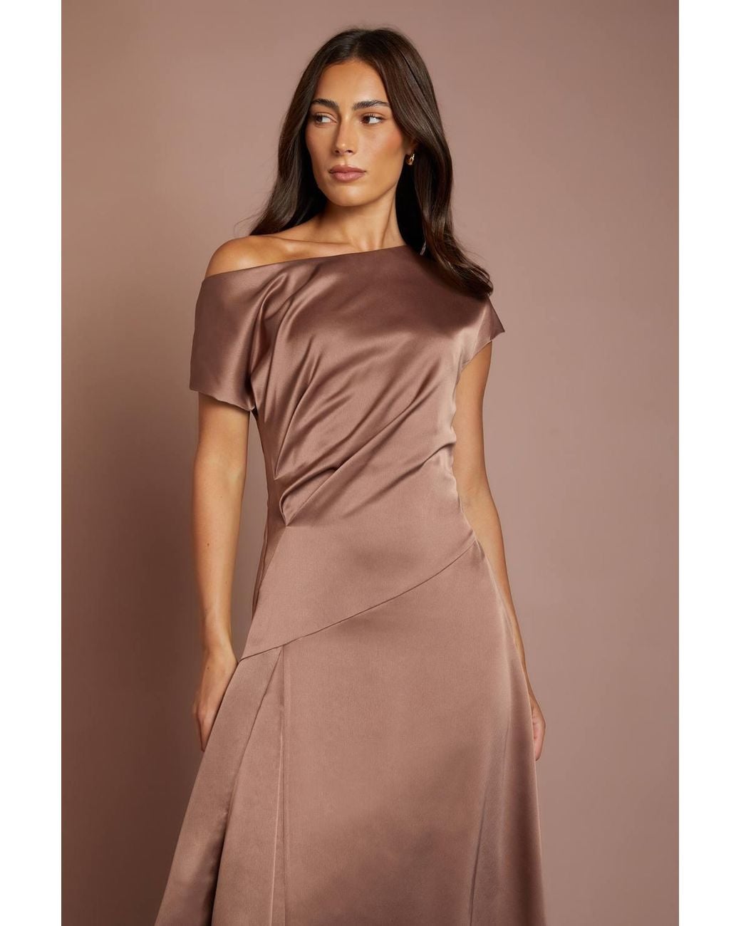 Coast Brown Off The Shoulder Asymmetric Hem Satin Midi Dress