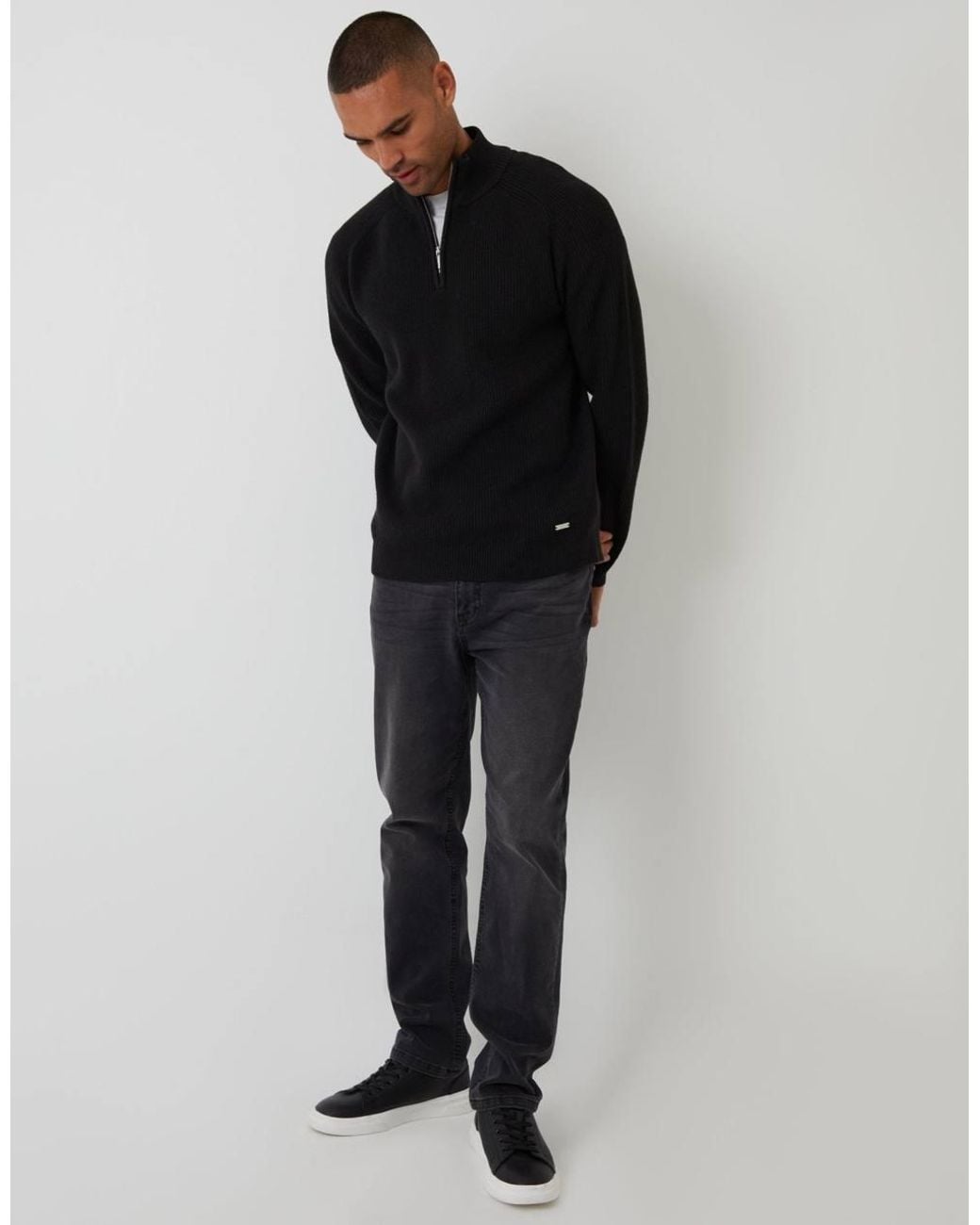 Threadbare Black Rib Panel Quarter Zip Knitted Jumper for men