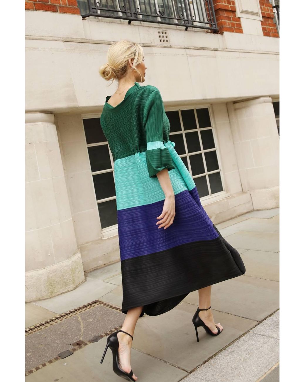CY Multicolor Multi-Colour Pleated Midi Dress With Adjustable Waist
