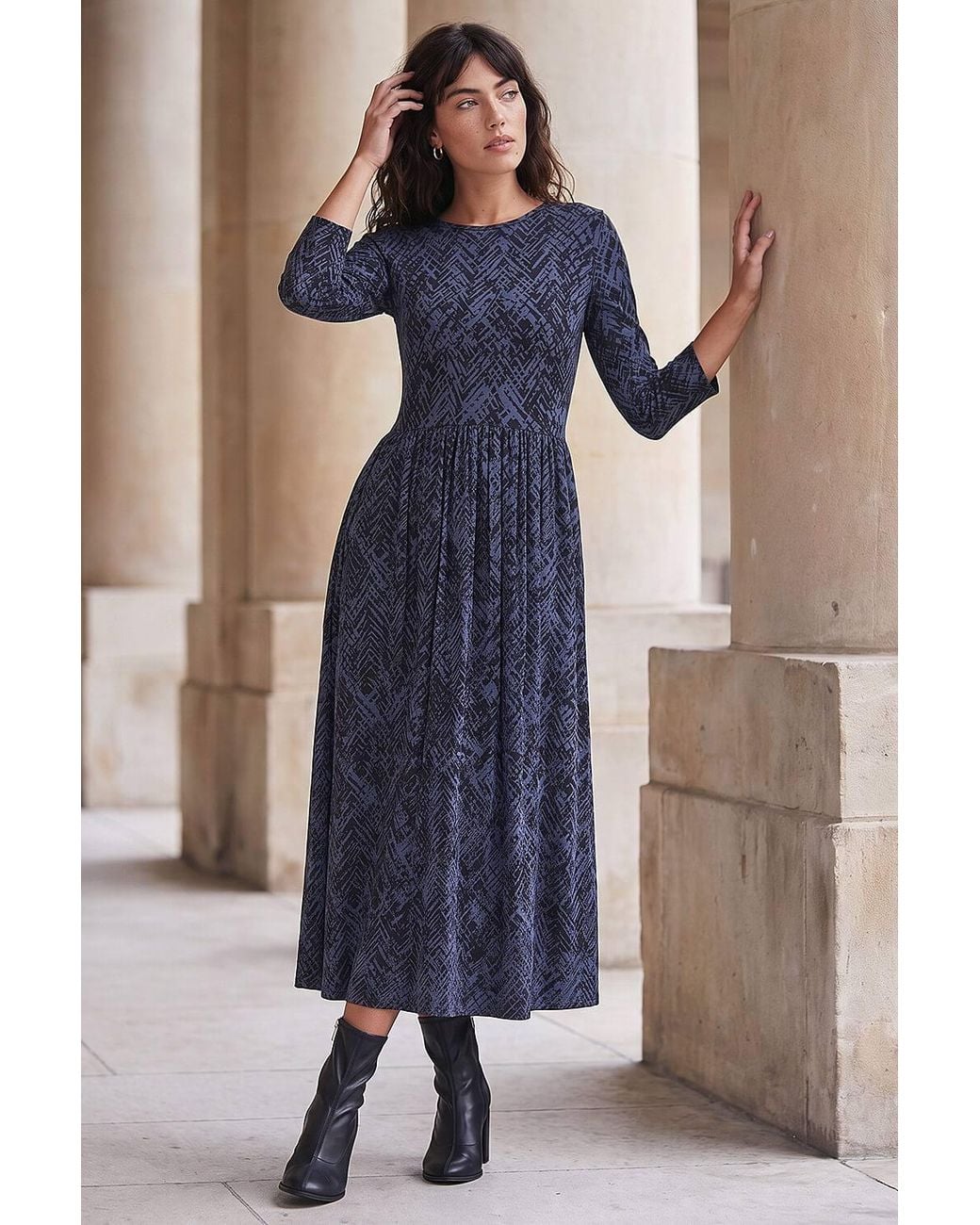 Roman Blue Abstract Print Stretch Midi Dress