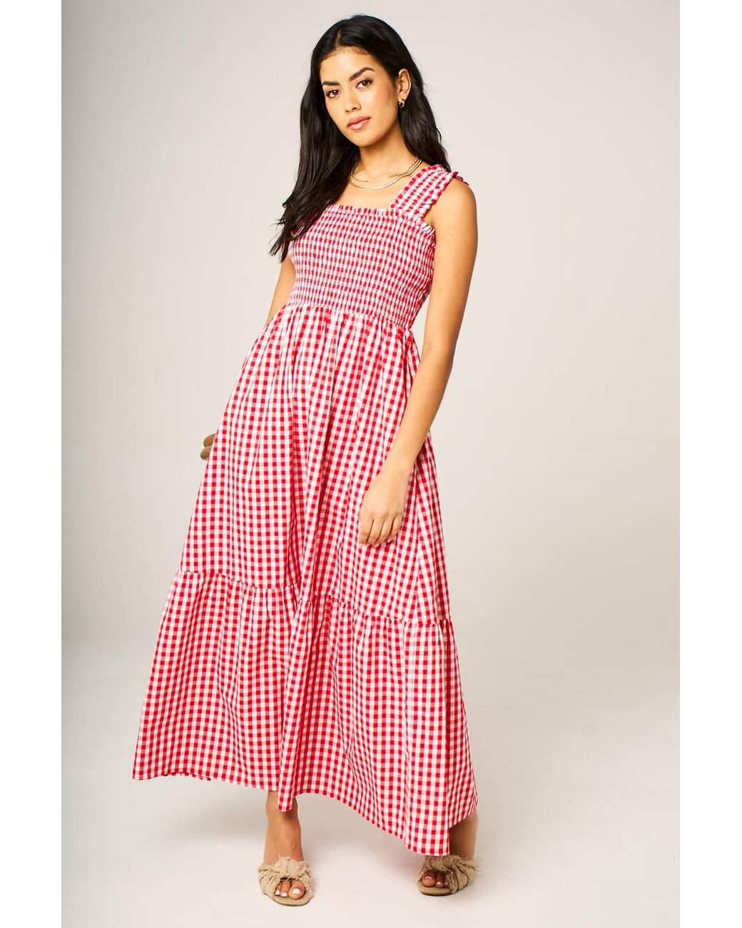 FS Collection Pink Gingham Smocked Bodice Strap Tiered Midi Dress