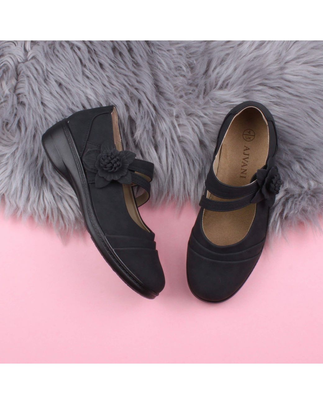 AJVANI Black Low Heel Flat Comfort Mary Janes