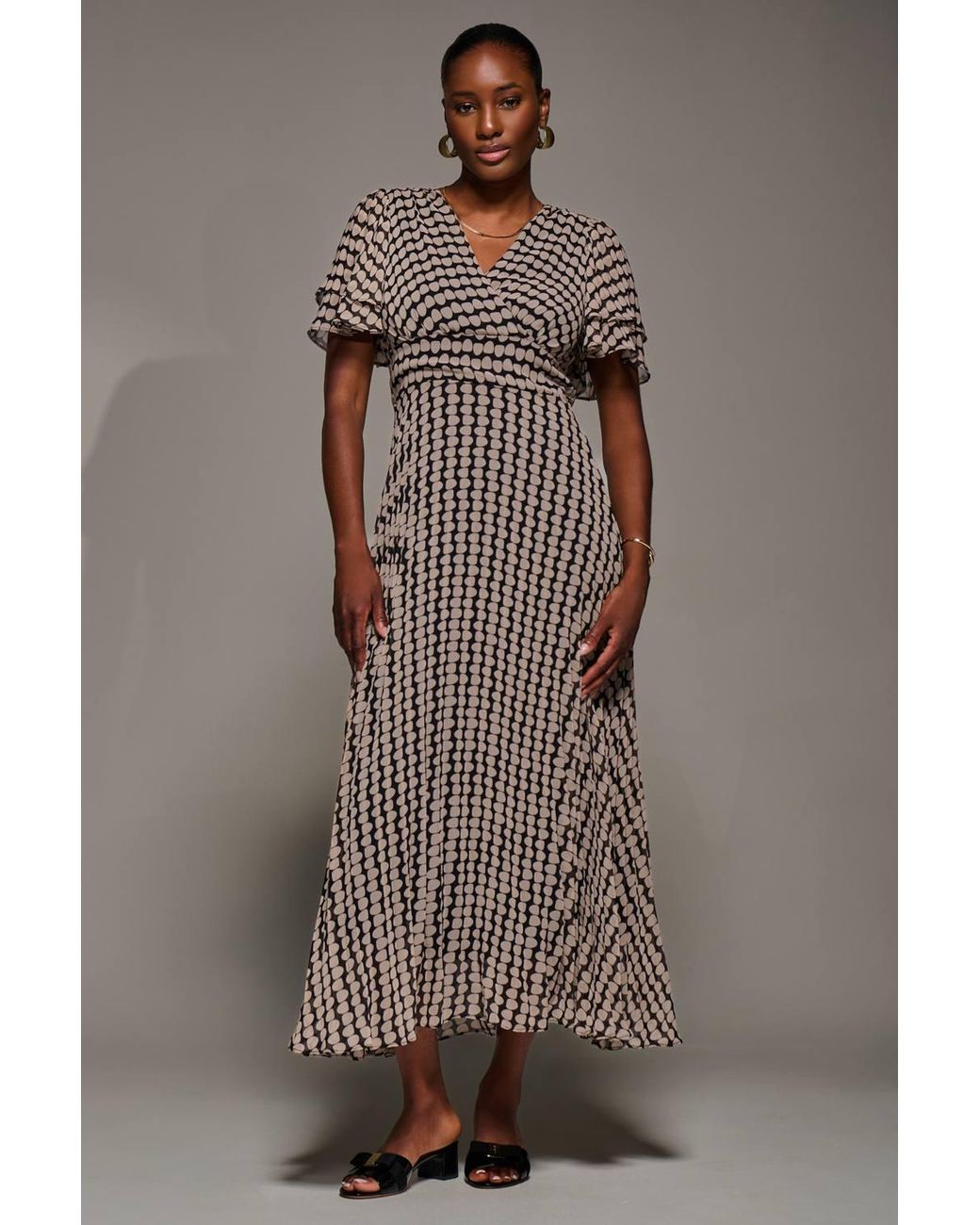 Jolie Moi Brown Chiffon Ruffle Sleeve Pleated Maxi Dress