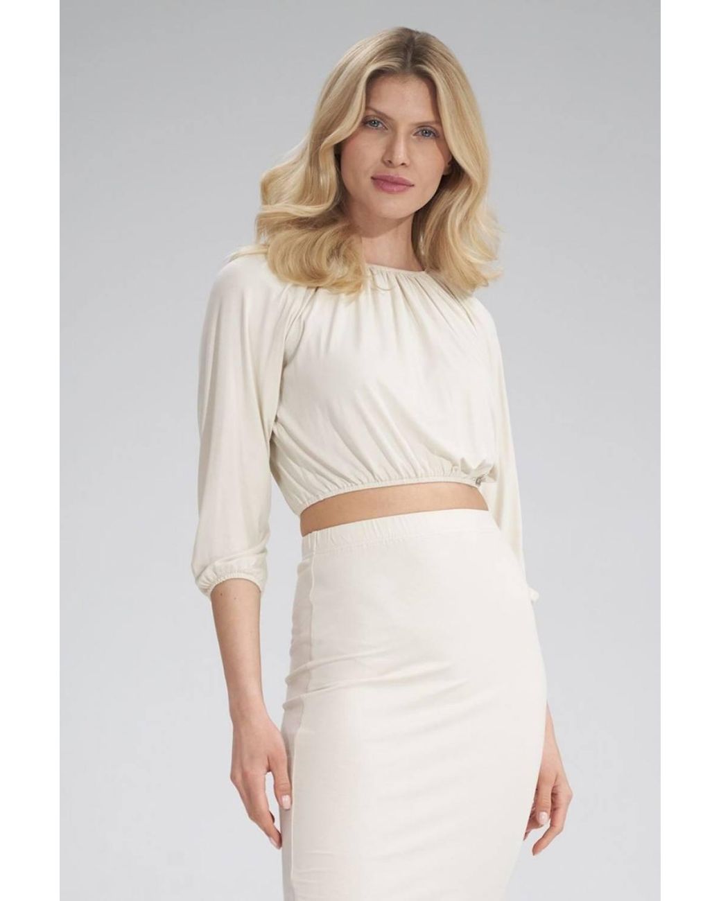 Love Lace Natural Pleated Neck Short Sleeve Elastic Blouse