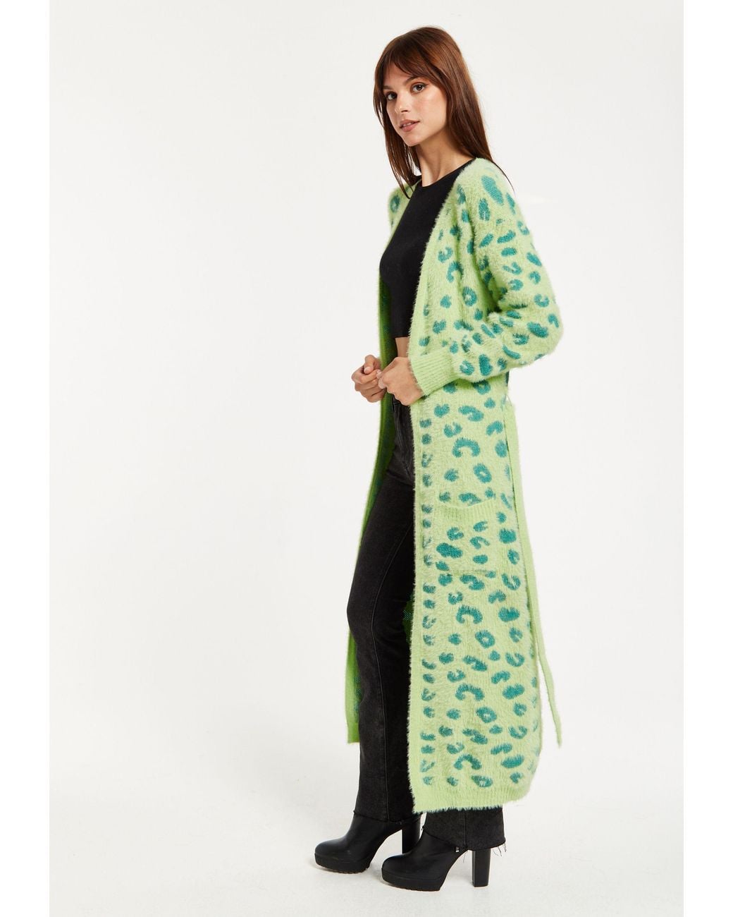 Liquorish Green Fluffy Longline Cardigan