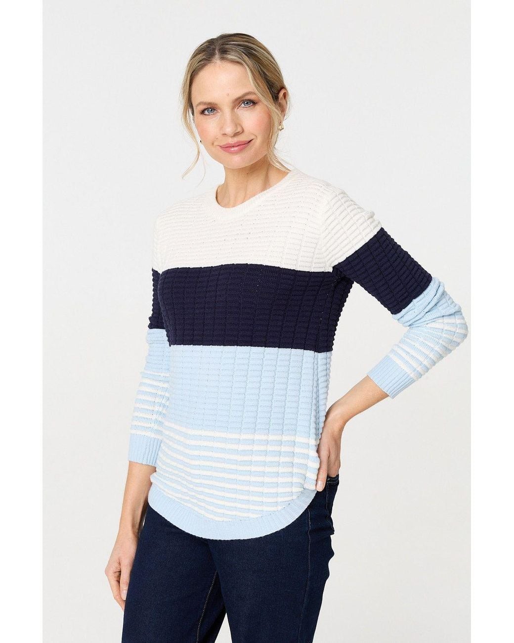 Izabel London Blue Colour Block Textured Curve Hem Jumper