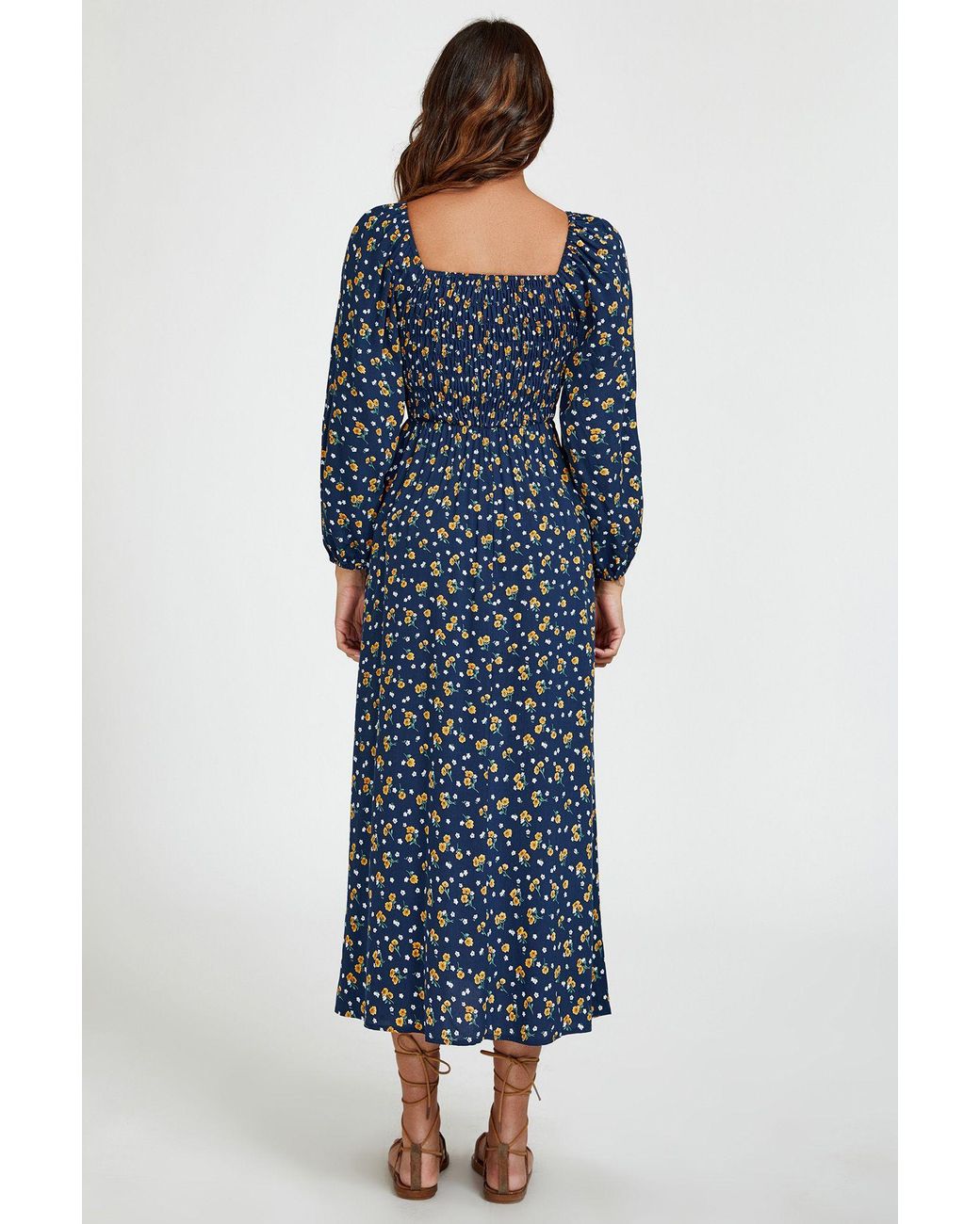 FS Collection Blue Print Square Neck Midi Dress With Long Sleeves