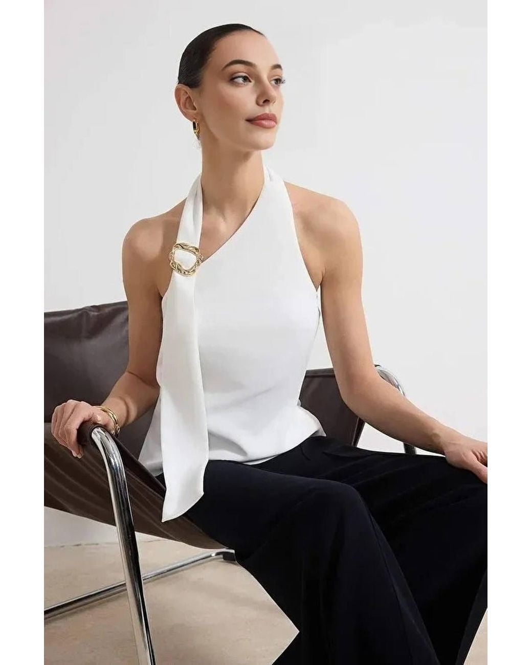 WOVCOR White Asymmetric Halterneck Woven Top With Buckle Detail