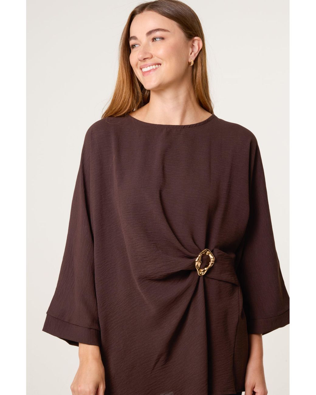 Blue Vanilla Brown Short Sleeve Round Neck Blouse