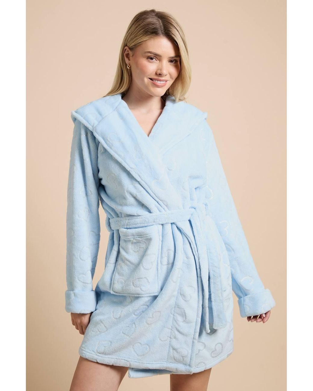 Dorothy Perkins Blue Foil Heart Velour Hooded Short Dressing Gown