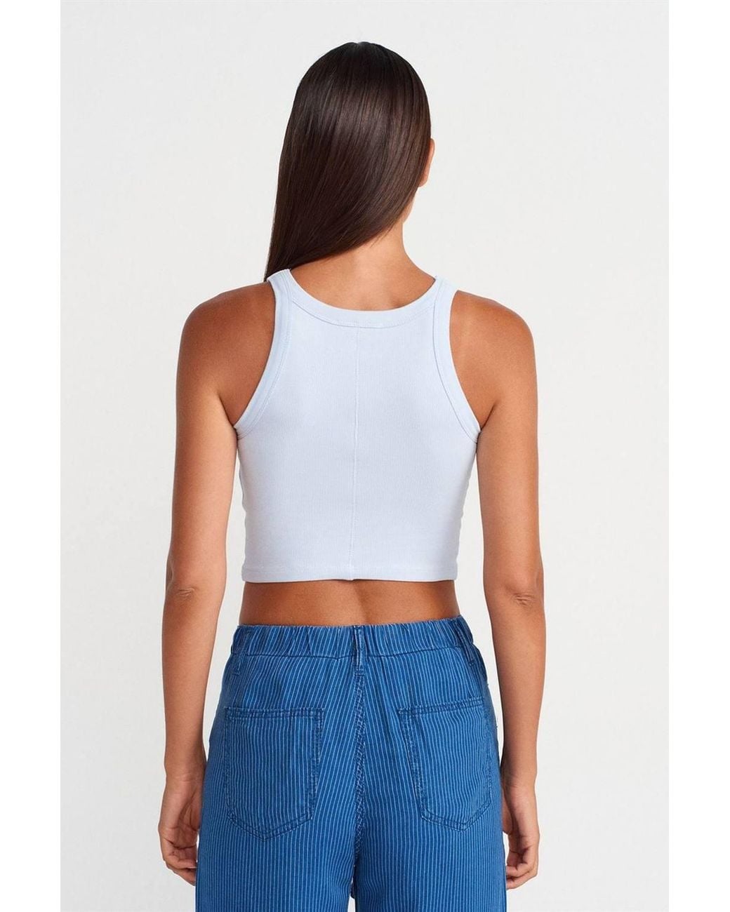Dilvin White Ribbed Cotton-Blend Sleeveless Crop Top