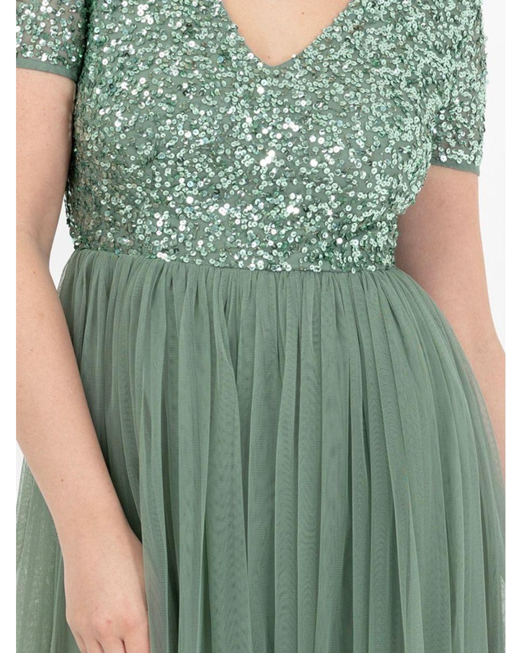 Maya Deluxe Green Short Sleeve V Neck Embellished Maxi Dress