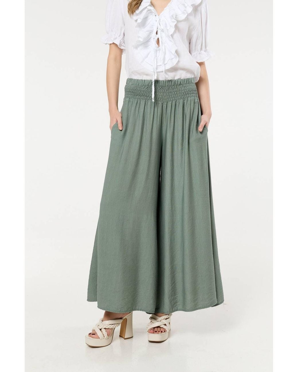 Liquorish White Smocked Wide Leg Trousers