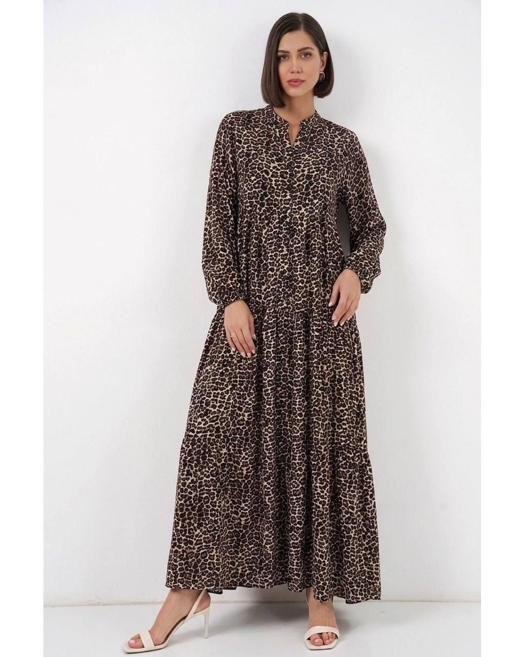 Bigdart Brown Patterned V-Neck Maxi Dress With Button Closure