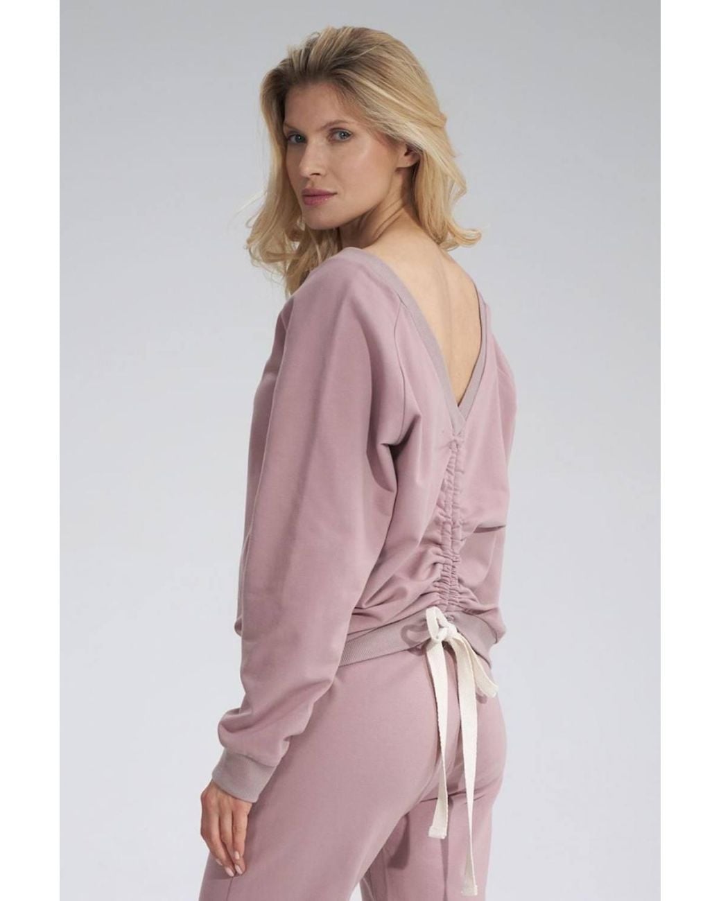 Love Lace Pink Cotton V Neck Blouse Ribbed Sleeve Ribbon Back