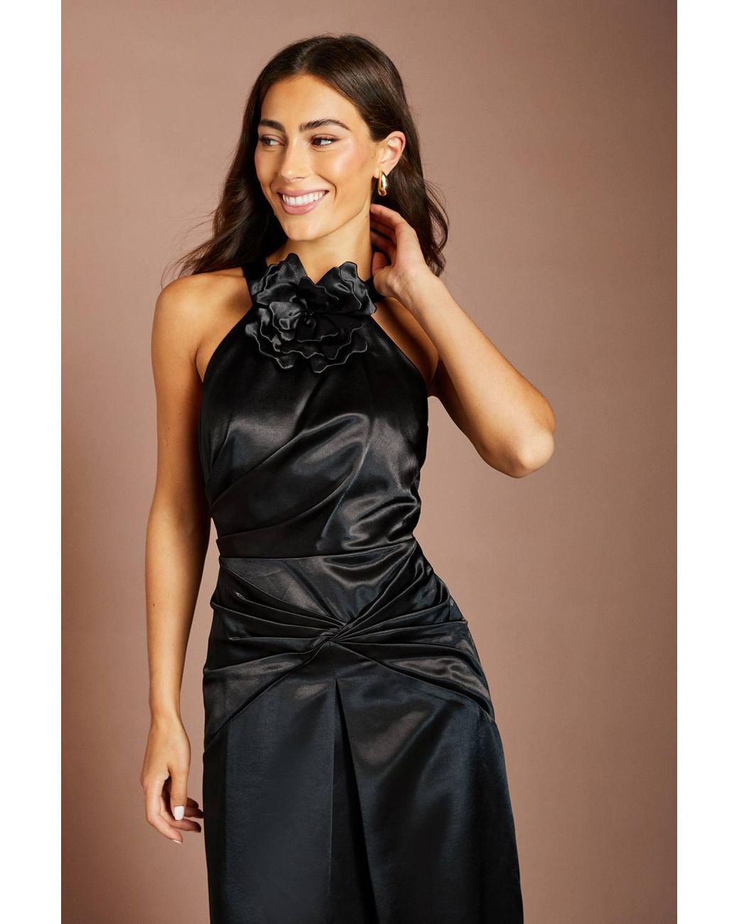 Coast Black 3D Corsage Halterneck Drape Satin Maxi Dress