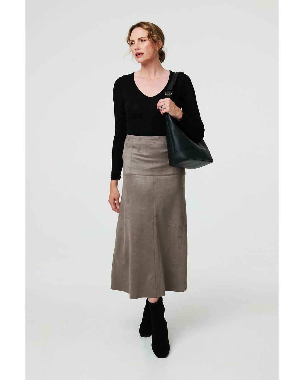 Izabel London Gray Faux Suede A-Line High Waist Midi Skirt