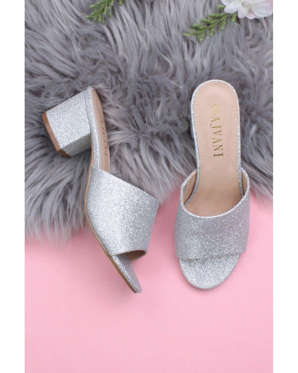 AJVANI White Mid Block Heel Peep Toe Mules Sandals