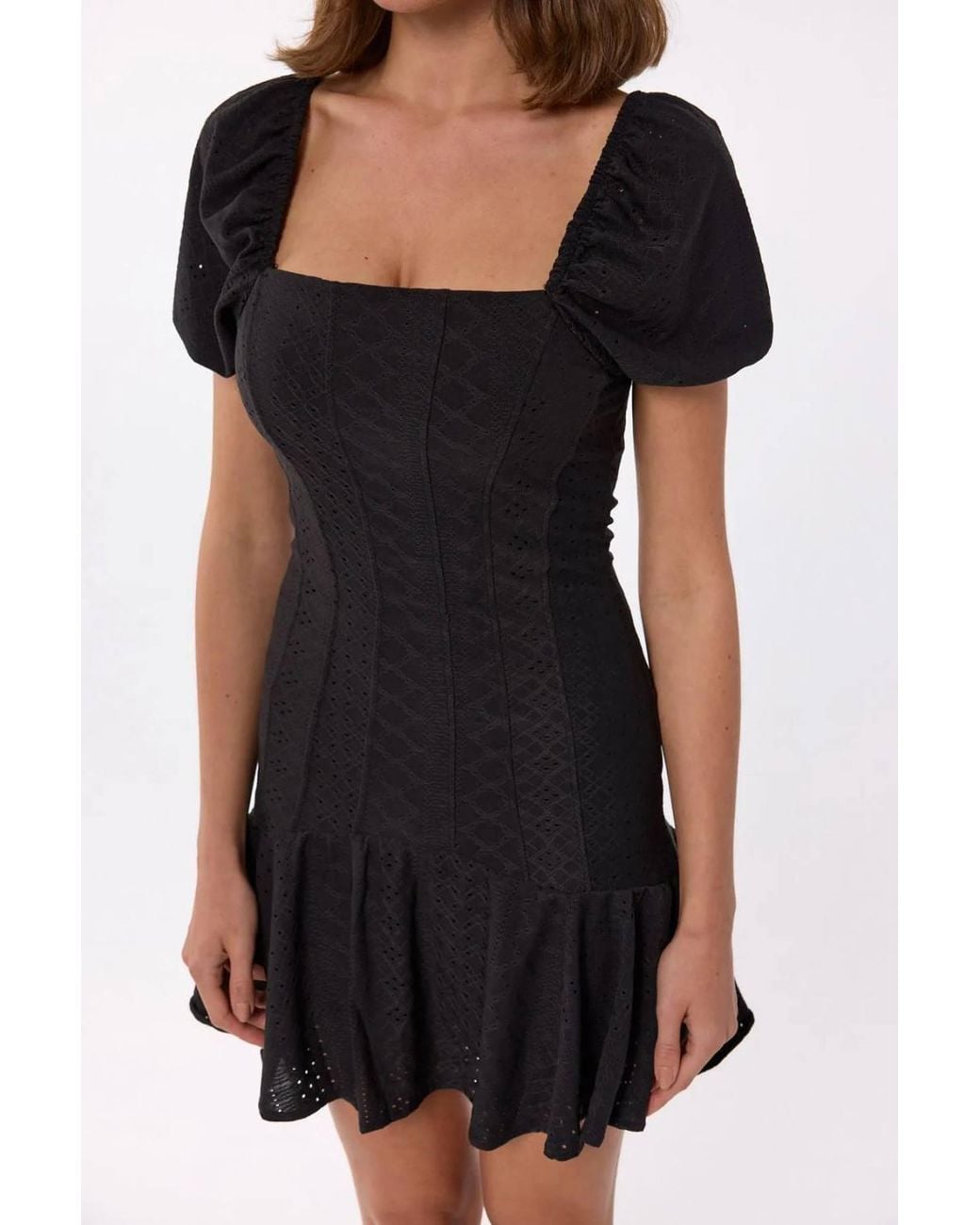 Hiccup Black Short Sleeve Square Neck Mini Dress With Balloon Sleeves