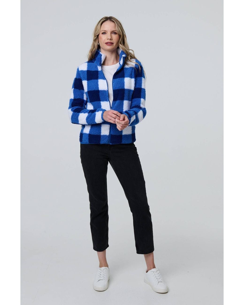 Izabel London Blue Checked Print Teddy Fur Zip Front Jacket