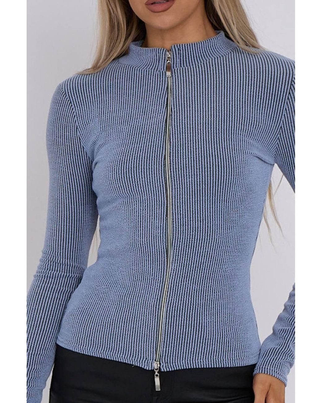 Stylewise Blue Ribbed High Neck Zip Up